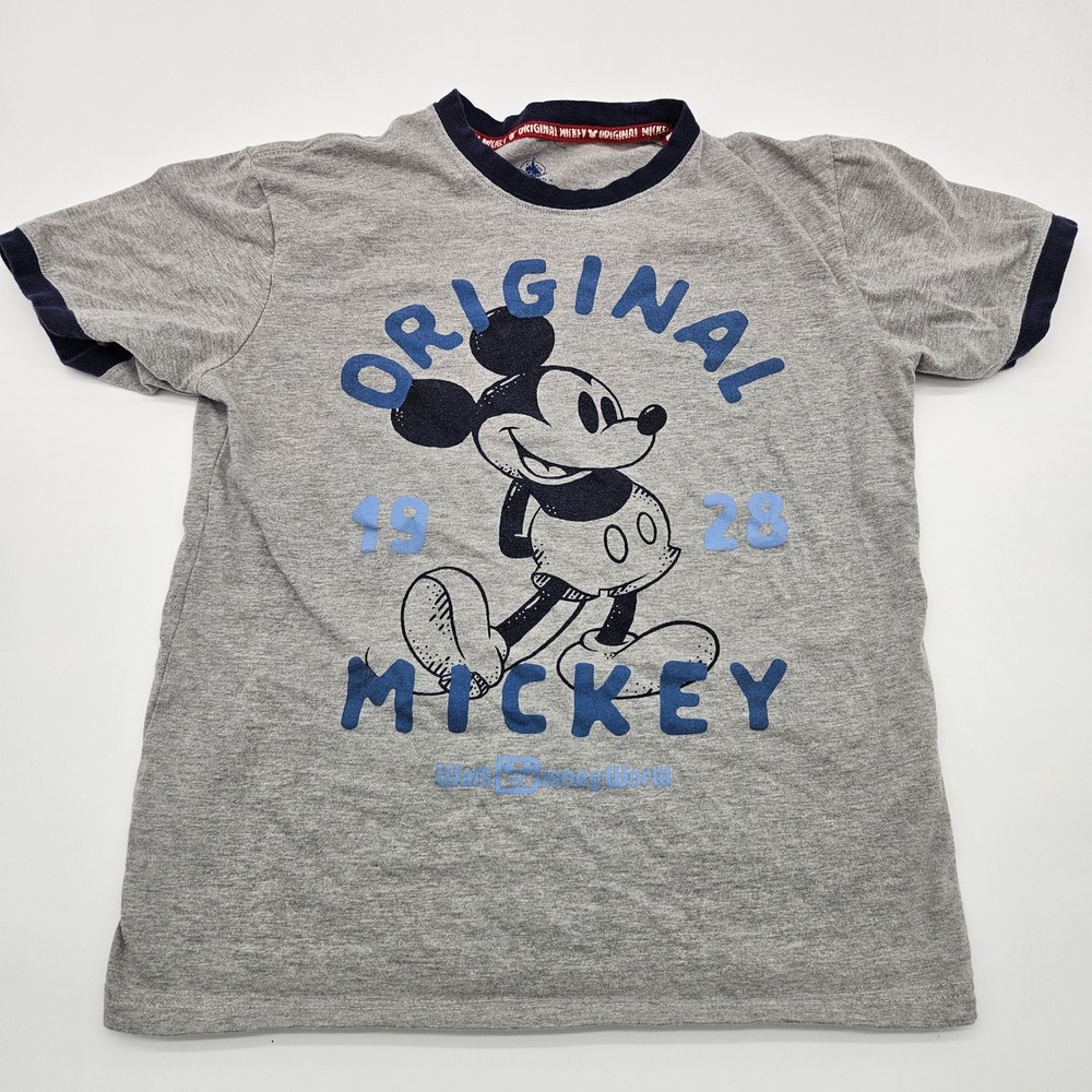 Disney Mickey Mouse Original 1928 Graphic T Shirt Kids XS Gray Blue Ringer Tee‎